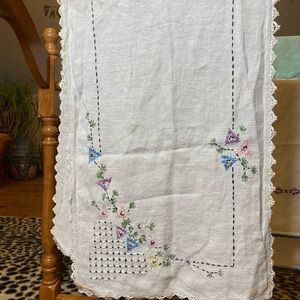 Vintage Embroidered White linen Table Runner